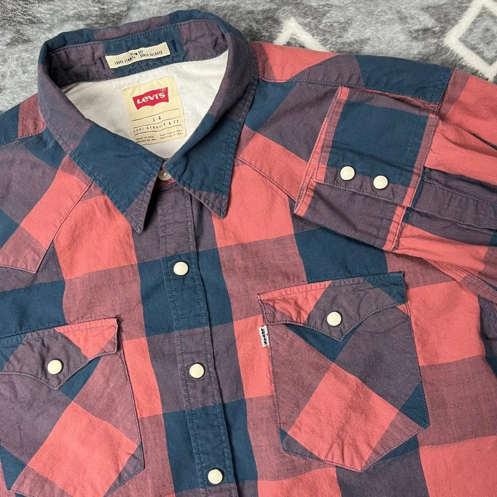 Levis Mens Buffalo Plaid Western Snap Shirt Red Navy Blue Slim Fit Large